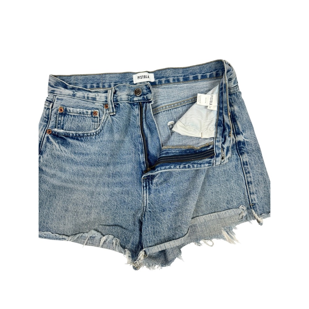 Pistola Women High Rise Distressed Denim Shorts Light Wash Raw Hem Size 29 - Picture 3 of 5